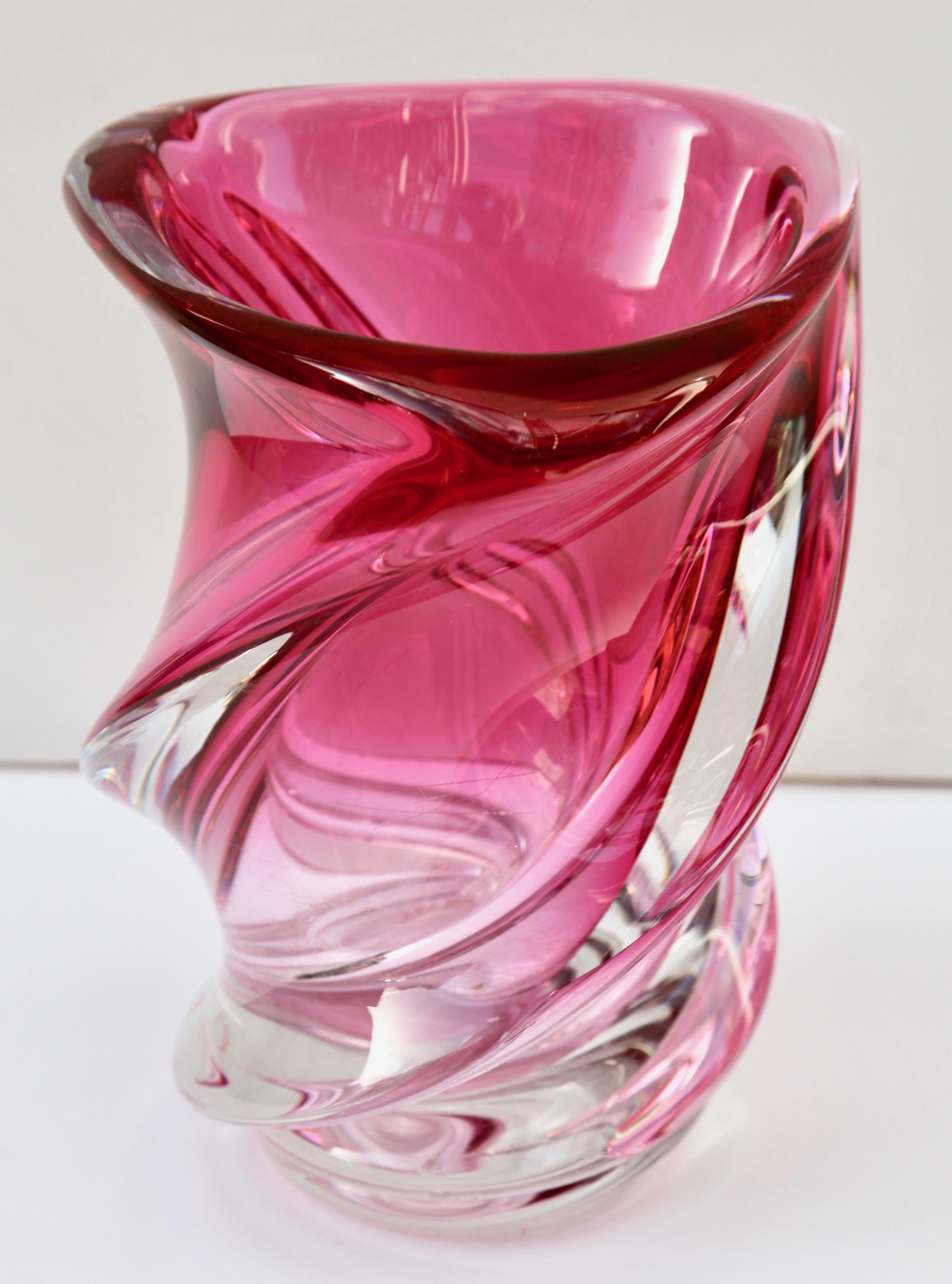 Mid-Century Modern Val Saint Lambert Signed Sculpted Crystal Vase with Sommerso Core, Belgium