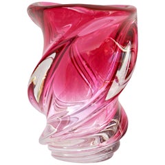 Val Saint Lambert Signed Sculpted Crystal Vase with Sommerso Core, Belgium