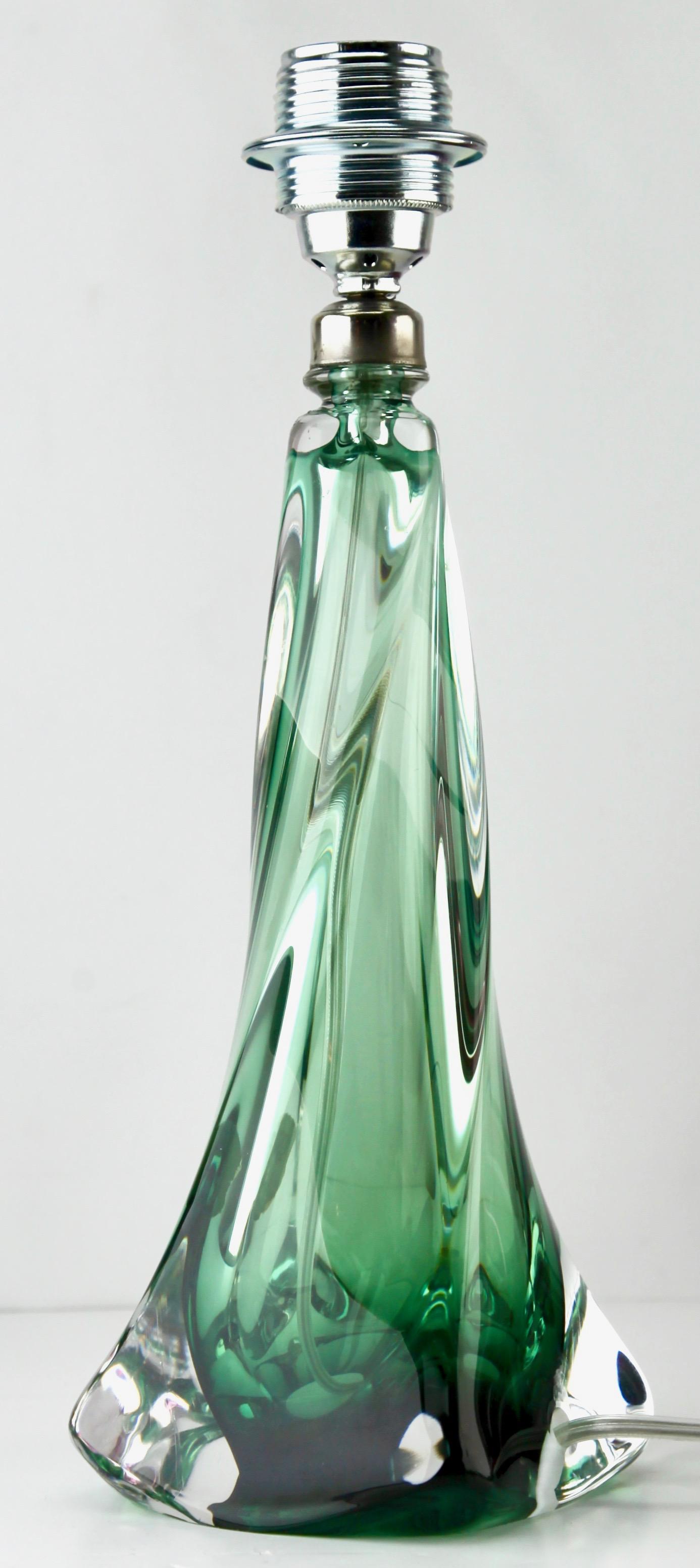 Belgian Val Saint Lambert Signed 'Twisted Light' Crystal Emerald Green Table Lamp