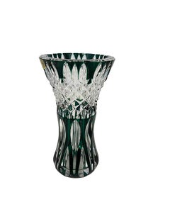 Val Saint Lambert small green cut-to clear Crystal vase, Signed