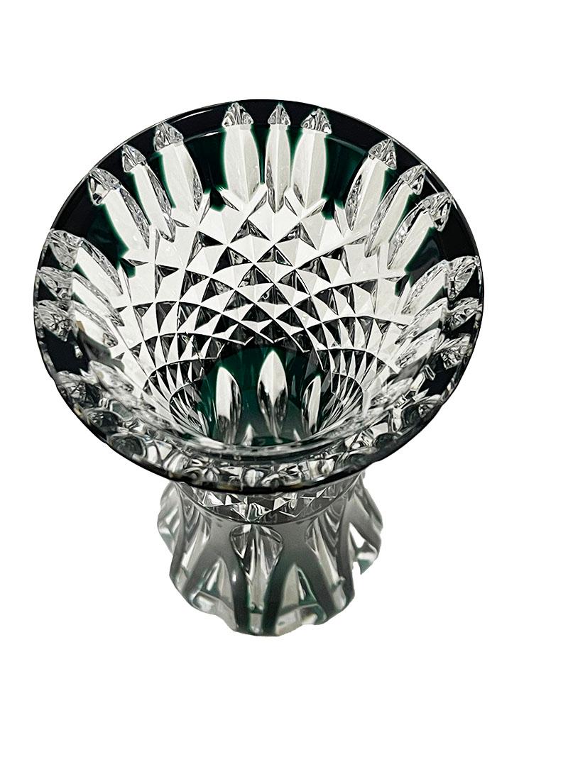 Belgian Val Saint Lambert small green cut-to clear Crystal vase, Signed For Sale