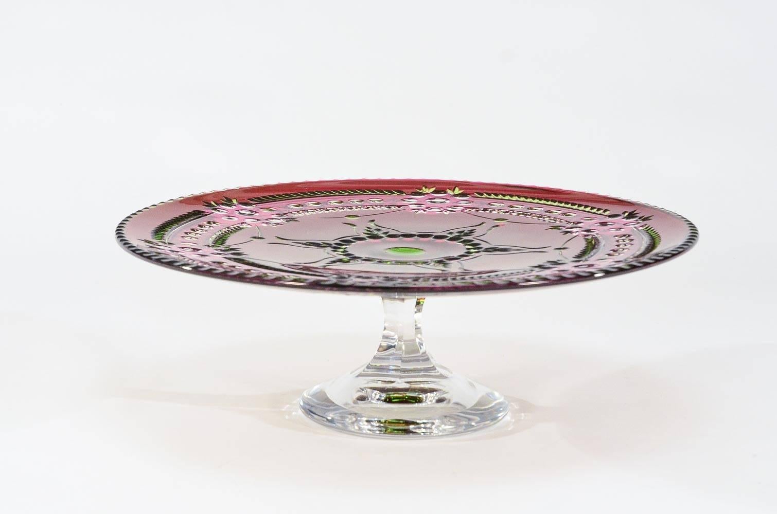 Art Deco Val Saint Lambert 3 Color Overlay Cut to Clear Footed Centerpiece/Cake Plate For Sale
