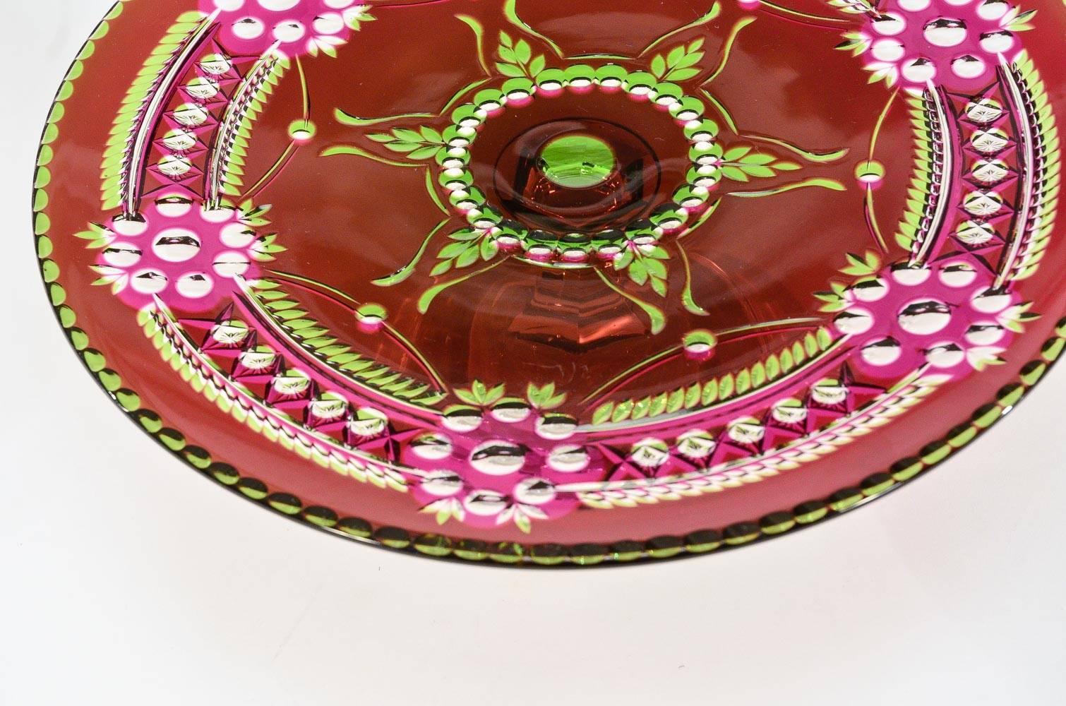 Belgian Val Saint Lambert 3 Color Overlay Cut to Clear Footed Centerpiece/Cake Plate For Sale