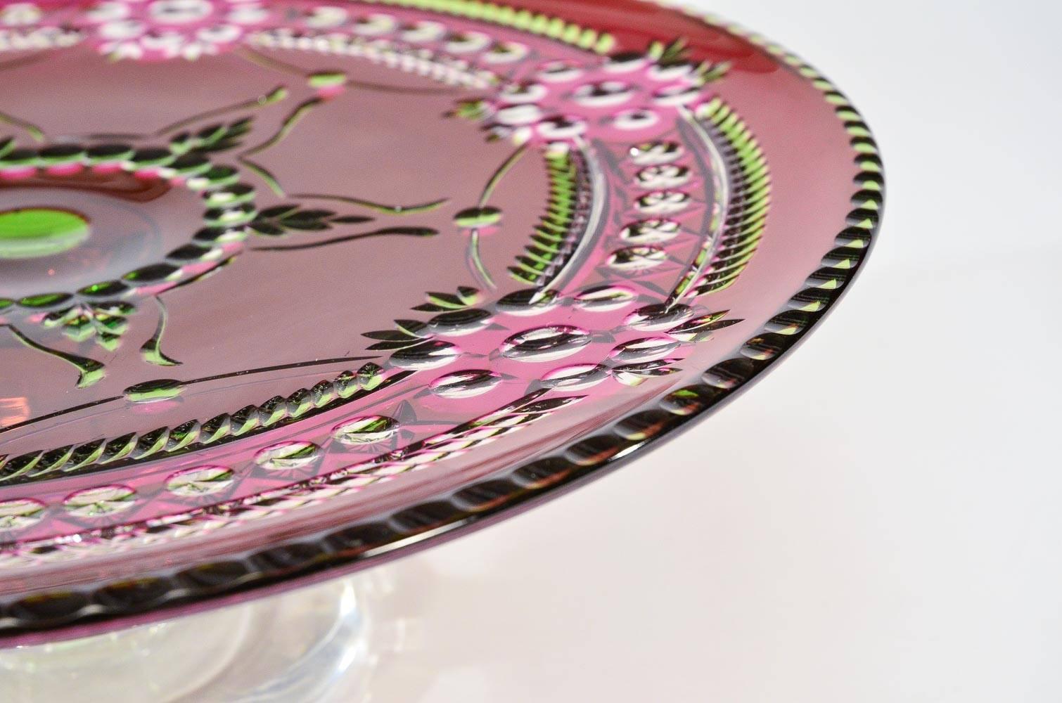 Engraved Val Saint Lambert 3 Color Overlay Cut to Clear Footed Centerpiece/Cake Plate For Sale