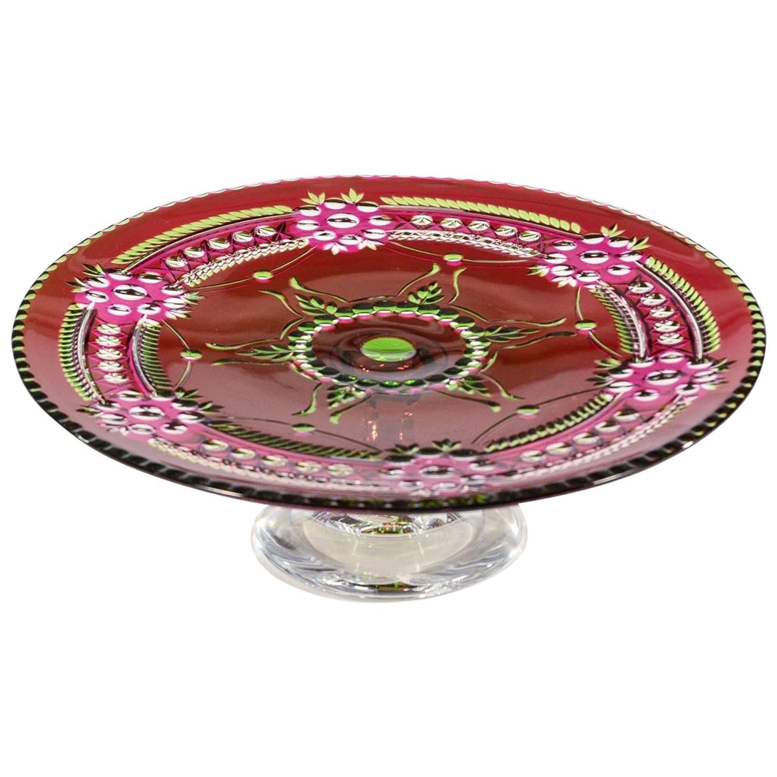 Val Saint Lambert 3 Color Overlay Cut to Clear Footed Centerpiece/Cake Plate