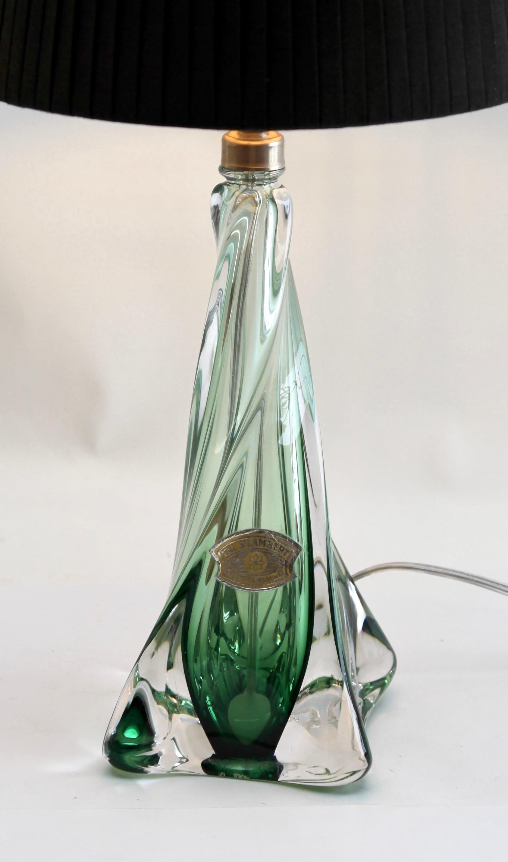 Hand-Crafted Val Saint Lambert 'Twisted Light' Crystal Table Lamp in Emerald Green Signed