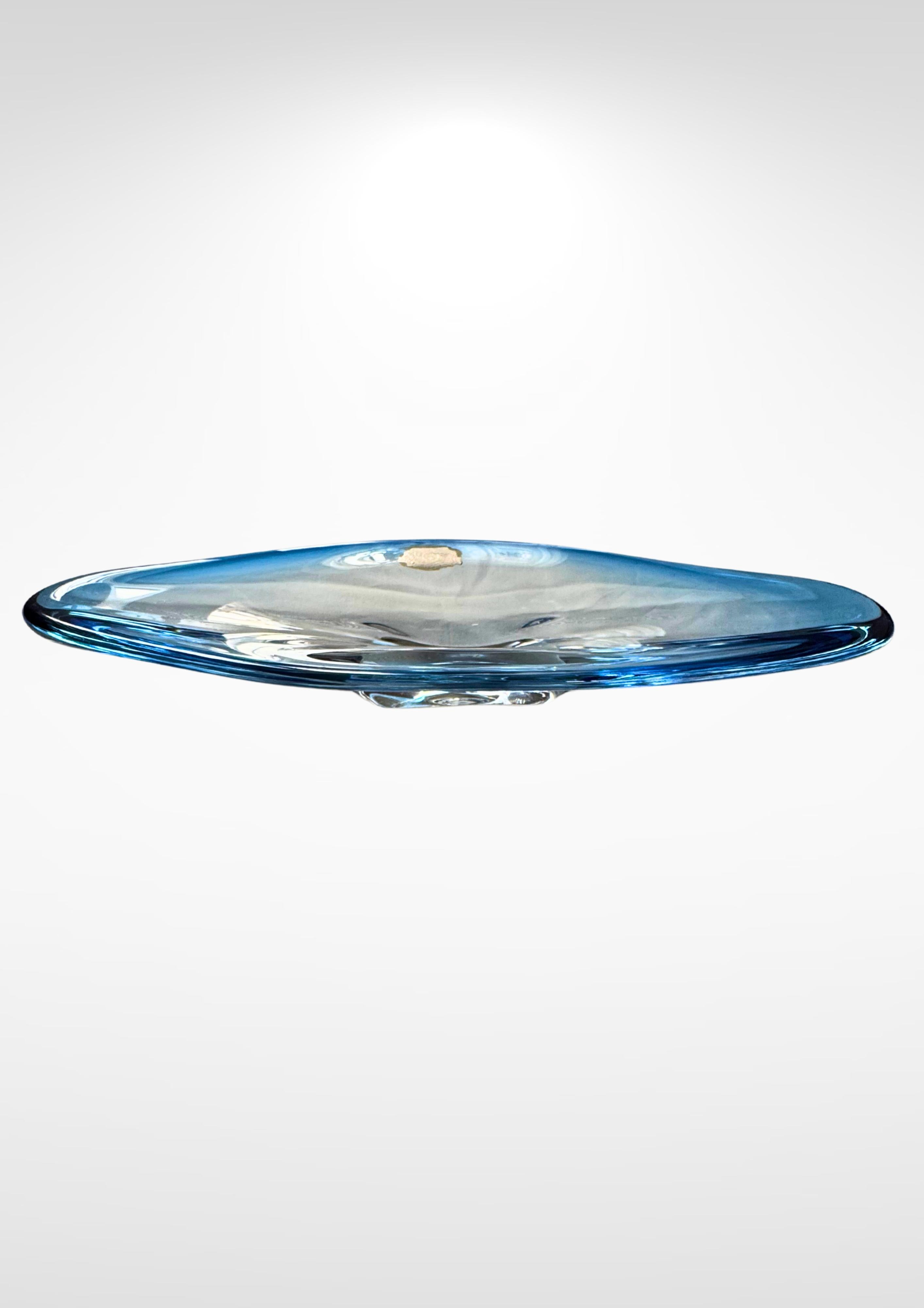 Other Val Saint Lambeth Glass Crystal Oval blue Centrepiece Dish Signed For Sale