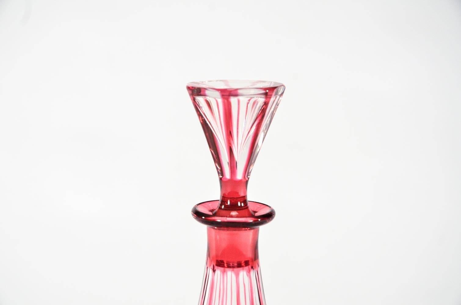 Belgian Val St. Lambert Art Deco Cranberry Cut to Clear Decanter with 6 Matching Glasses