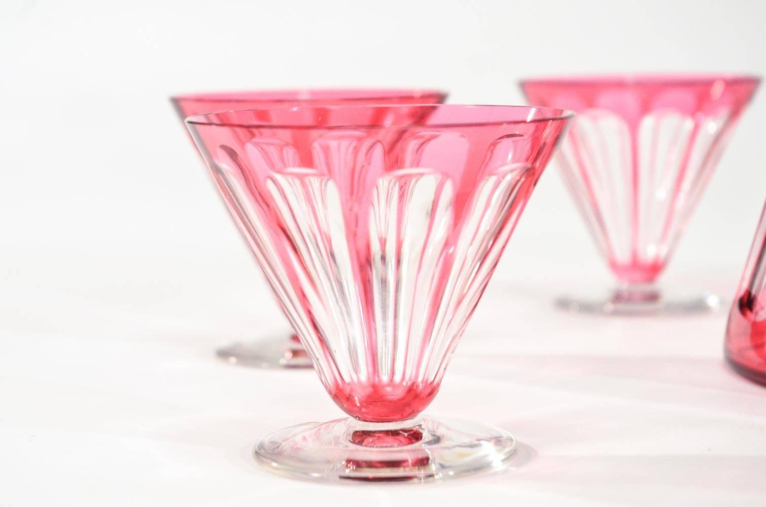 Faceted Val St. Lambert Art Deco Cranberry Cut to Clear Decanter with 6 Matching Glasses