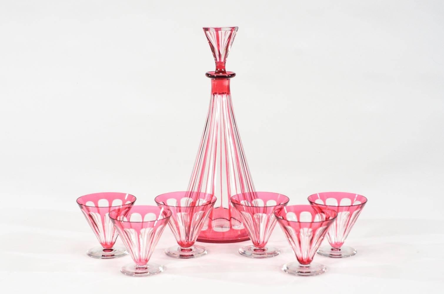 Val St. Lambert Art Deco Cranberry Cut to Clear Decanter with 6 Matching Glasses In Good Condition In Great Barrington, MA