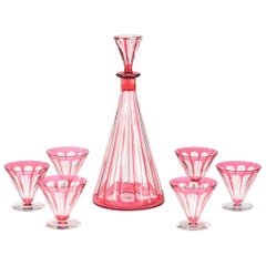 Val St. Lambert Art Deco Cranberry Cut to Clear Decanter with 6 Matching Glasses