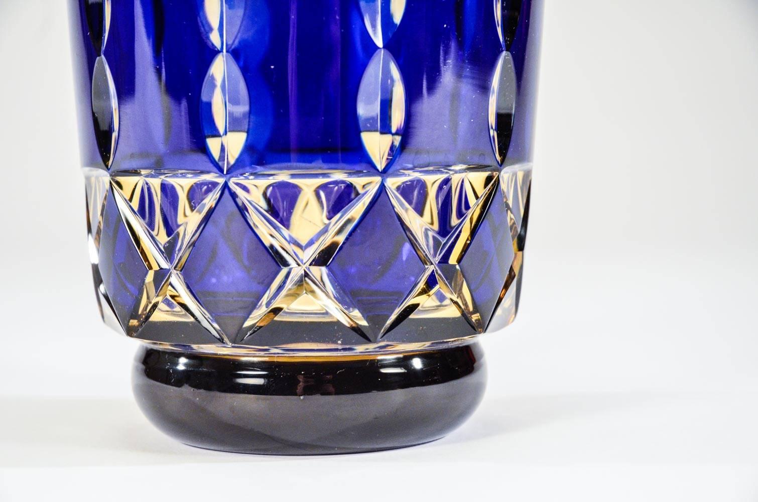 Belgian Val St. Lambert Art Deco Handblown Two-Color Cobalt Blue Cut to Topaz Vase For Sale