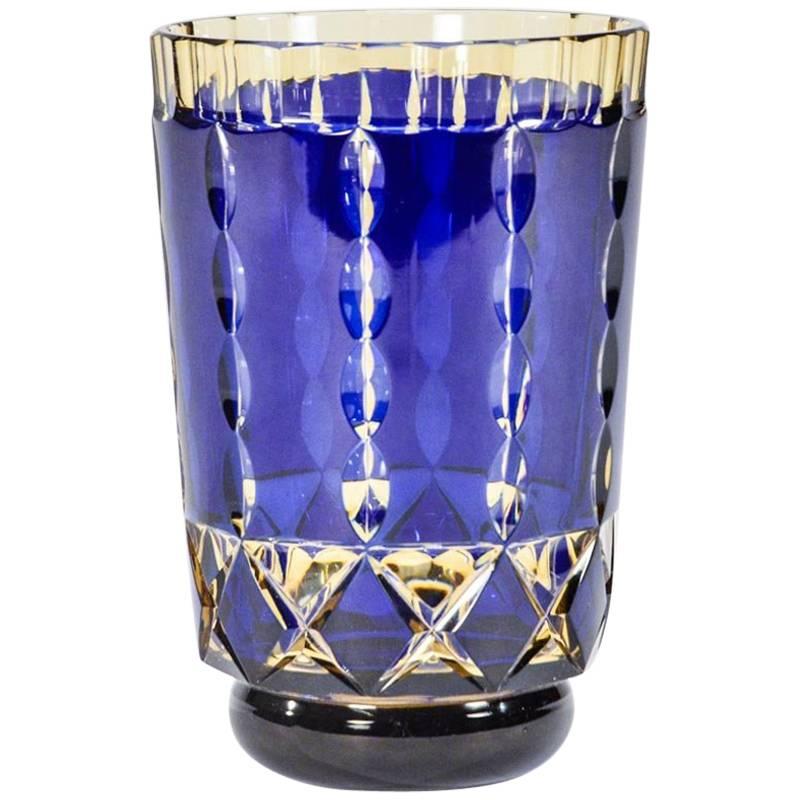 Val St. Lambert Art Deco mundgeblasene Vase in zweifarbigem Kobaltblau mit Topasschliff im Angebot