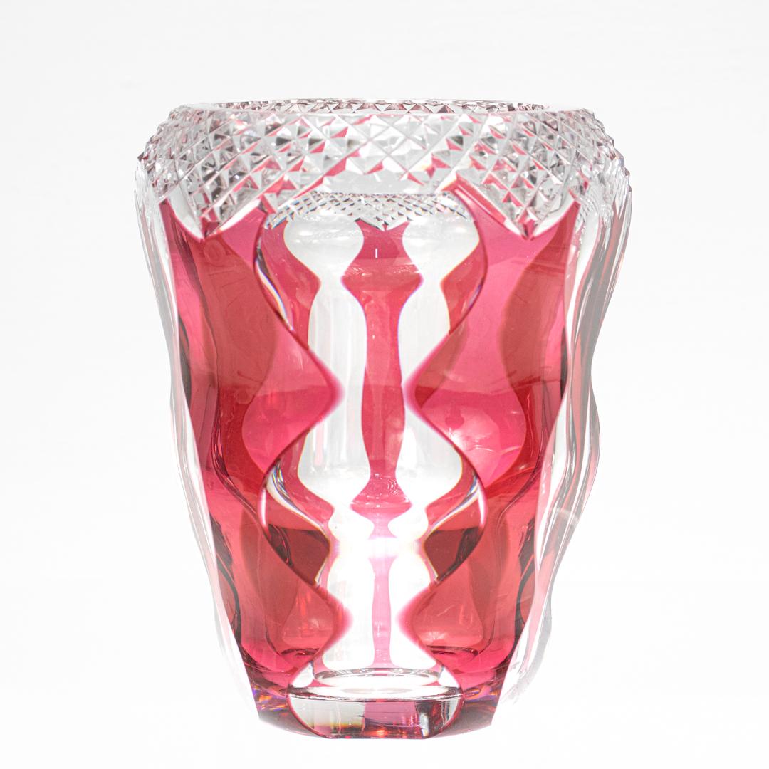 Val St. Lambert Art Deco Style Red or Cranberry Cut to Clear Glass Vase In Good Condition For Sale In Philadelphia, PA