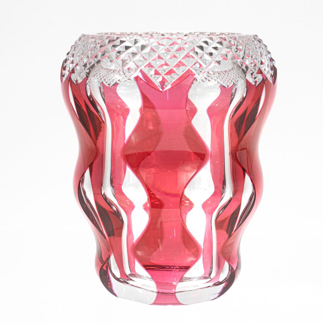 20th Century Val St. Lambert Art Deco Style Red or Cranberry Cut to Clear Glass Vase For Sale