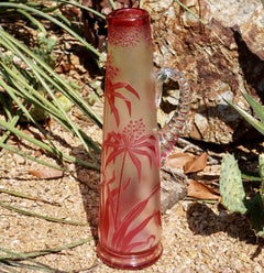 Val St Lambert Art Nouveau Tall Carved Acid Etched Crystal Vase
