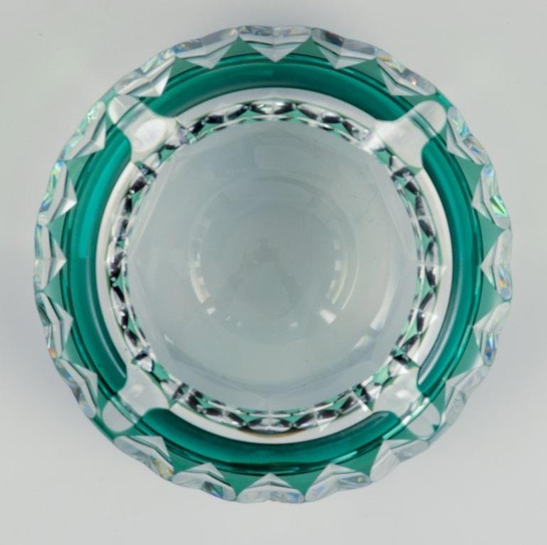Belgian Val St. Lambert, Belgium. Faceted cigar ashtray in green and clear glass.  For Sale