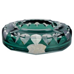 Vintage Val St. Lambert, Belgium. Faceted cigar ashtray in green and clear glass.
