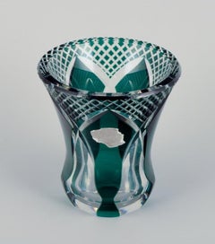 Val St. Lambert, Belgium. Faceted crystal vase in green and clear glass.