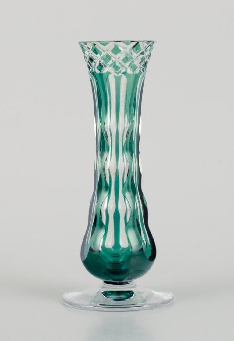 Belgian Val St. Lambert, Belgium. Faceted crystal vase in green and clear glass.  For Sale