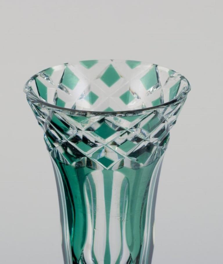 Val St. Lambert, Belgium. Faceted crystal vase in green and clear glass.  In Excellent Condition For Sale In Copenhagen, DK