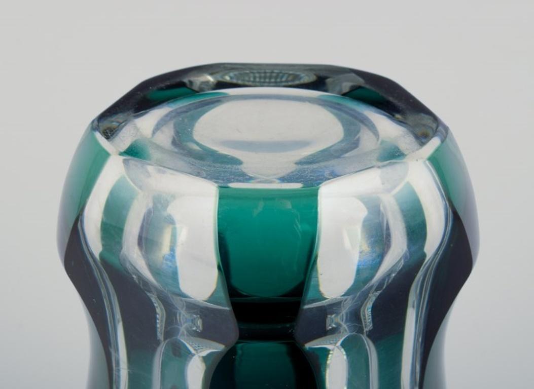 Crystal Val St. Lambert, Belgium. Faceted crystal vase in green and clear glass. For Sale