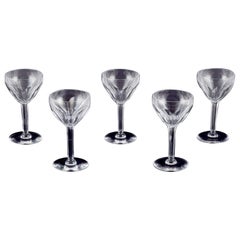Val St. Lambert, Belgium.  Fve large Art Deco red wine glasses in crystal