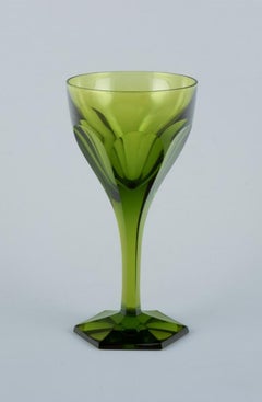 Val St. Lambert, Belgium. Set of three green Legagneux crystal glasses