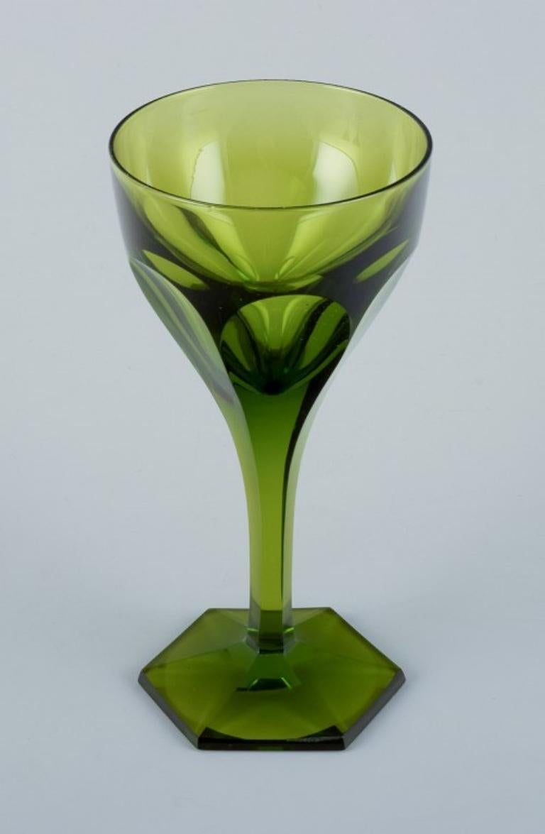 Belgian Val St. Lambert, Belgium. Set of three green Legagneux crystal glasses For Sale