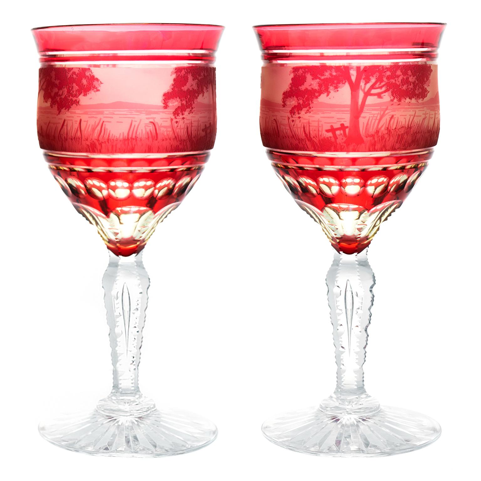 Belgian Val St. Lambert C1890s Cameo-Cut Scenic Water Goblets For Sale