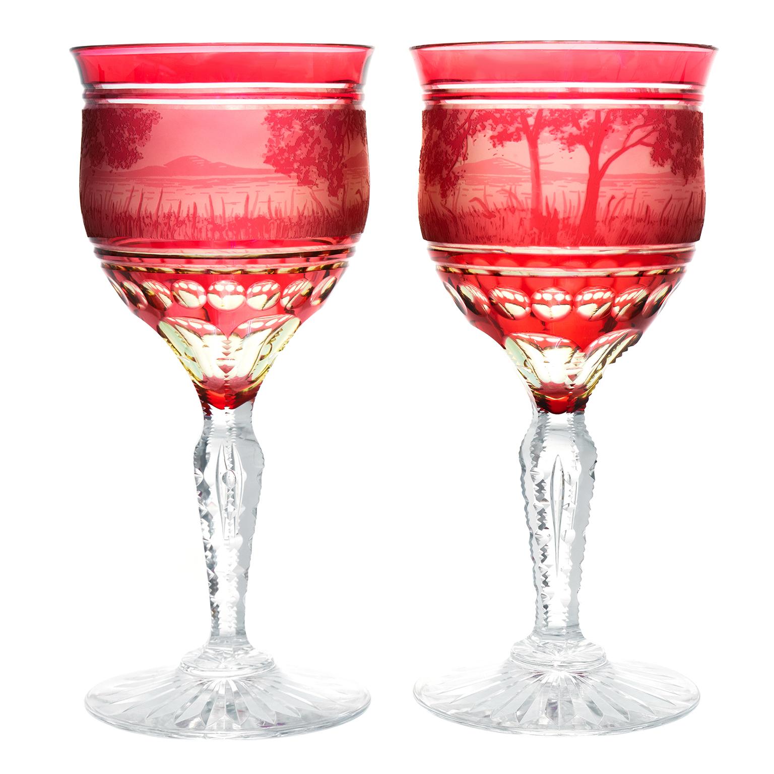Val St. Lambert C1890s Cameo-Cut Scenic Water Goblets In Excellent Condition For Sale In Litchfield, CT