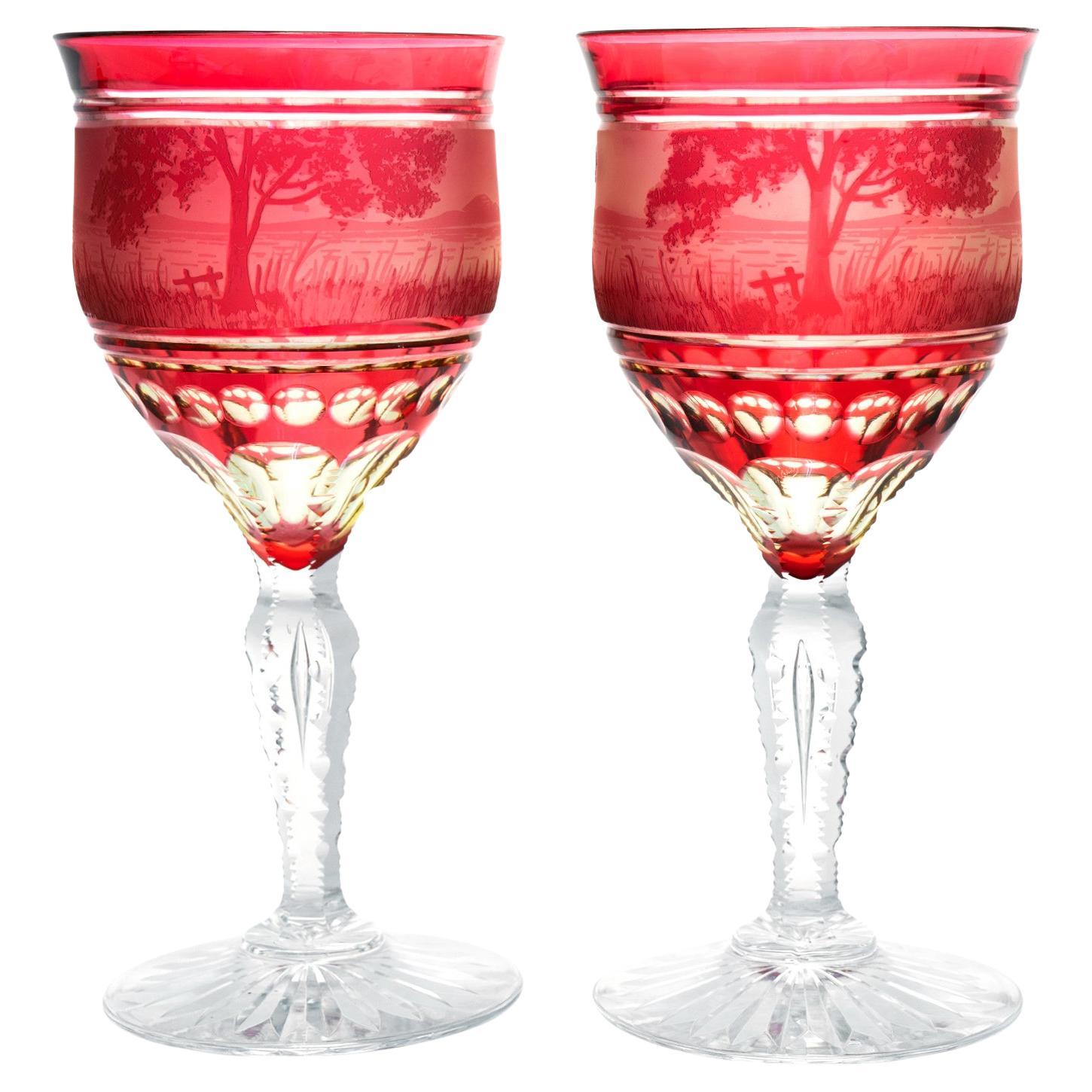 Val St. Lambert C1890s Cameo-Cut Scenic Water Goblets For Sale