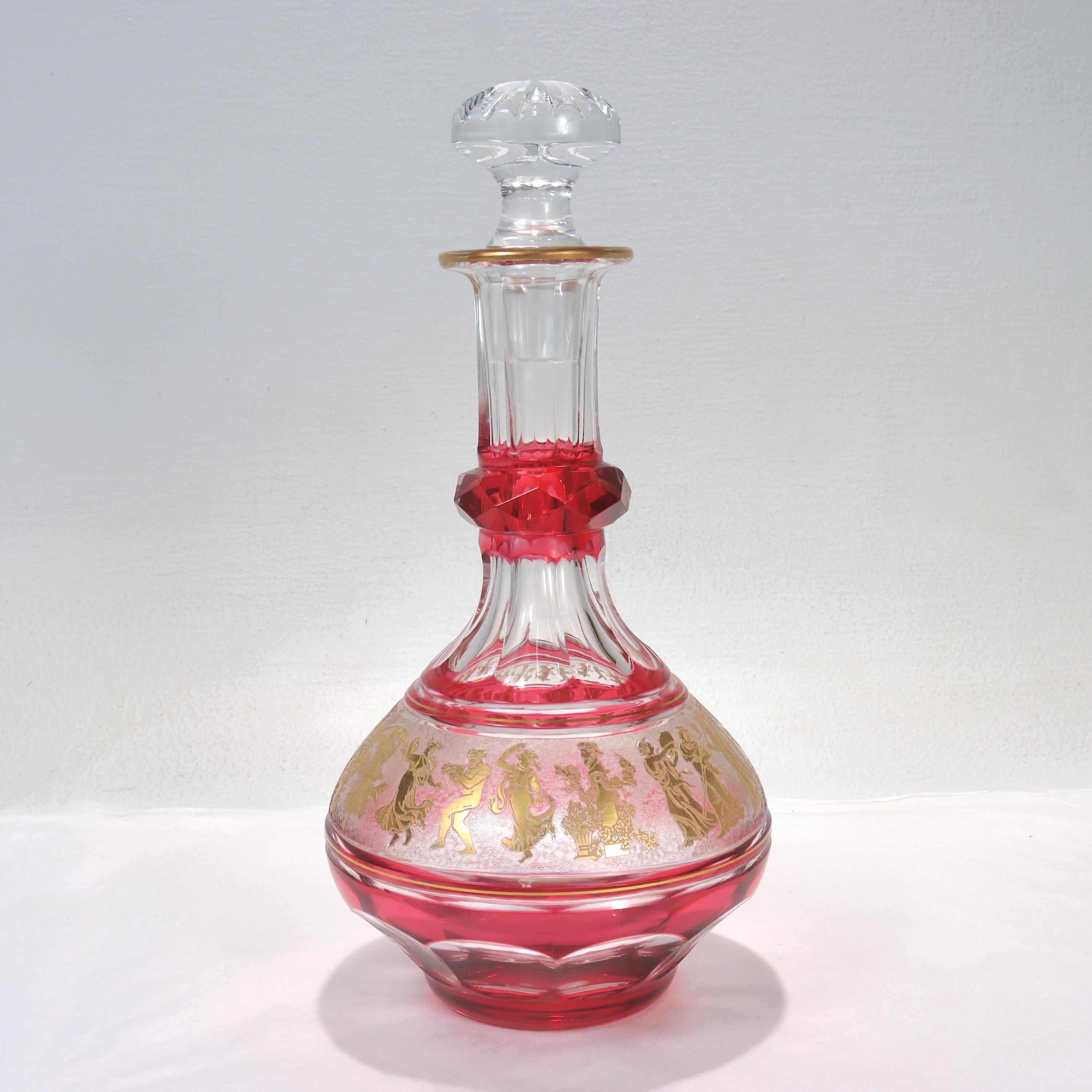 Belgian Val St. Lambert Cranberry Cut Glass 'Danse De Flore' Wine Decanter  For Sale