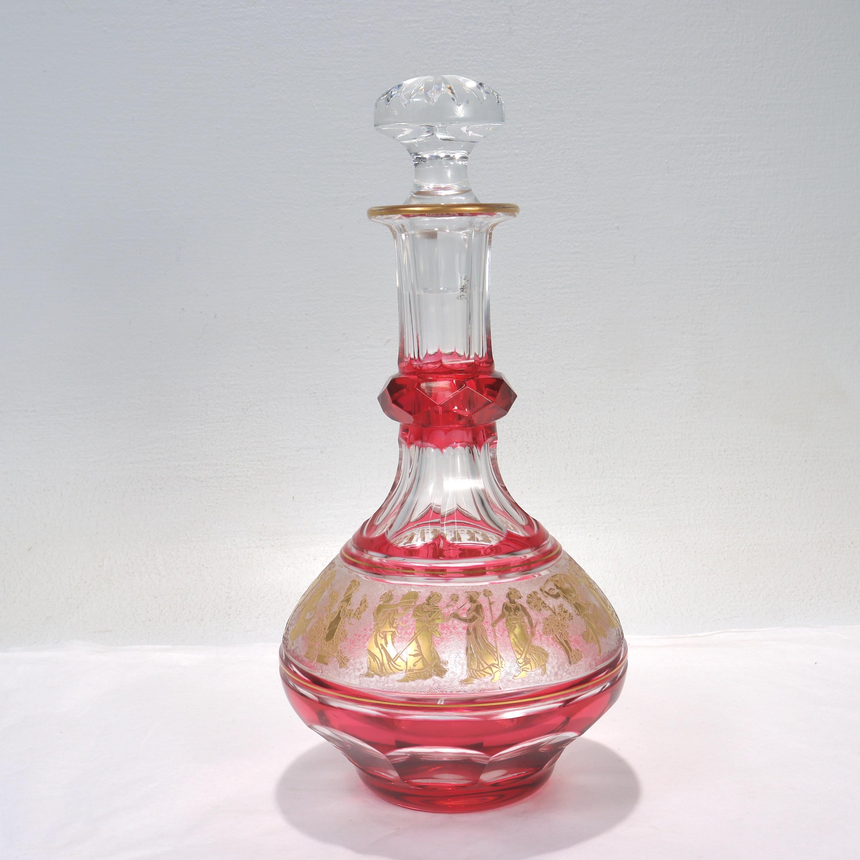 Gilt Val St. Lambert Cranberry Cut Glass 'Danse De Flore' Wine Decanter  For Sale