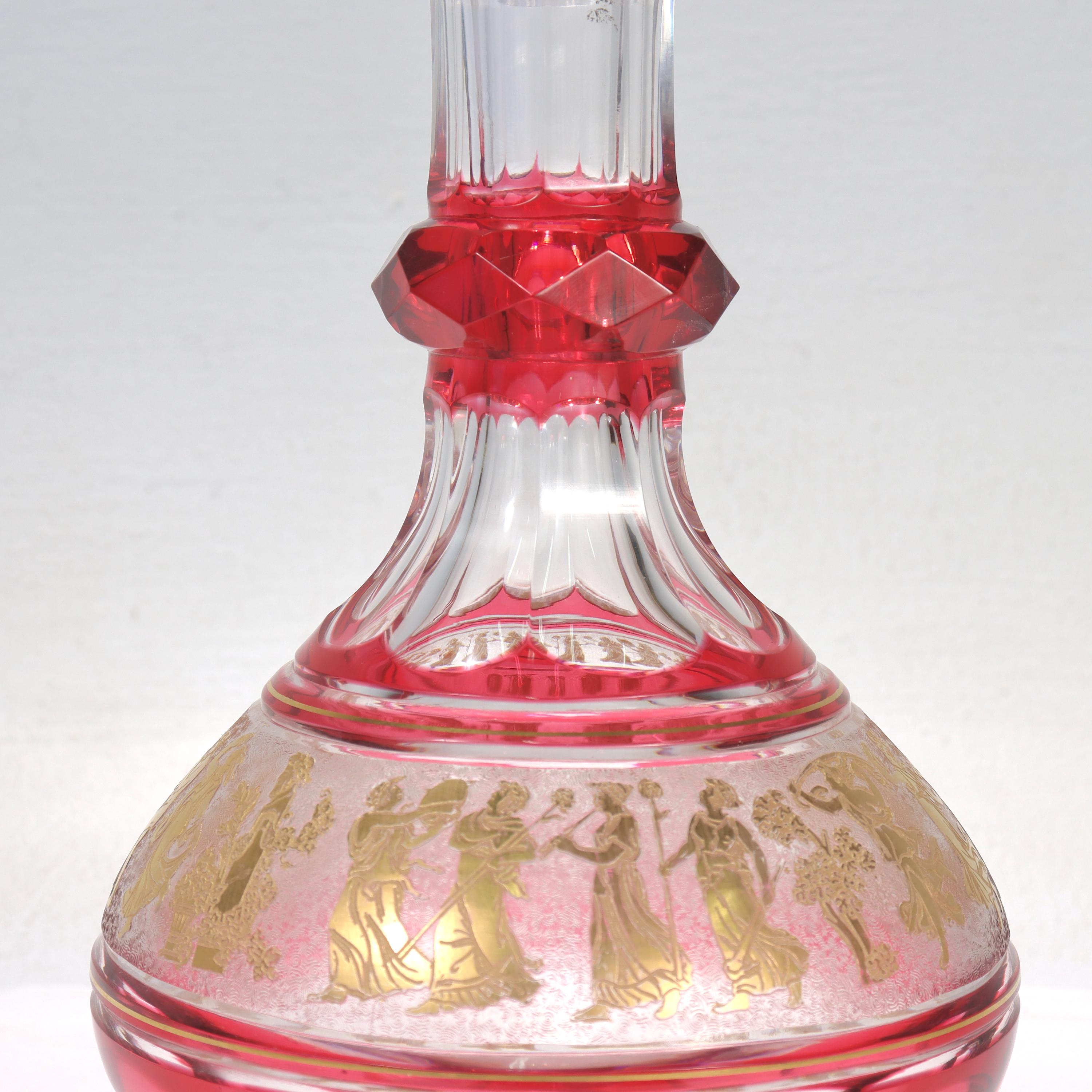 20th Century Val St. Lambert Cranberry Cut Glass 'Danse De Flore' Wine Decanter  For Sale