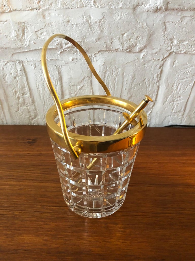 Mid-Century Modern Val St Lambert Crystal and Gold-Plated Ice Bucket with Tongs, Belgium, 1950s For Sale