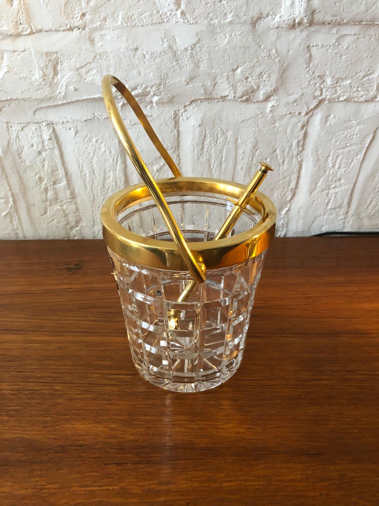 Belgian Val St Lambert Crystal and Gold-Plated Ice Bucket with Tongs, Belgium, 1950s For Sale