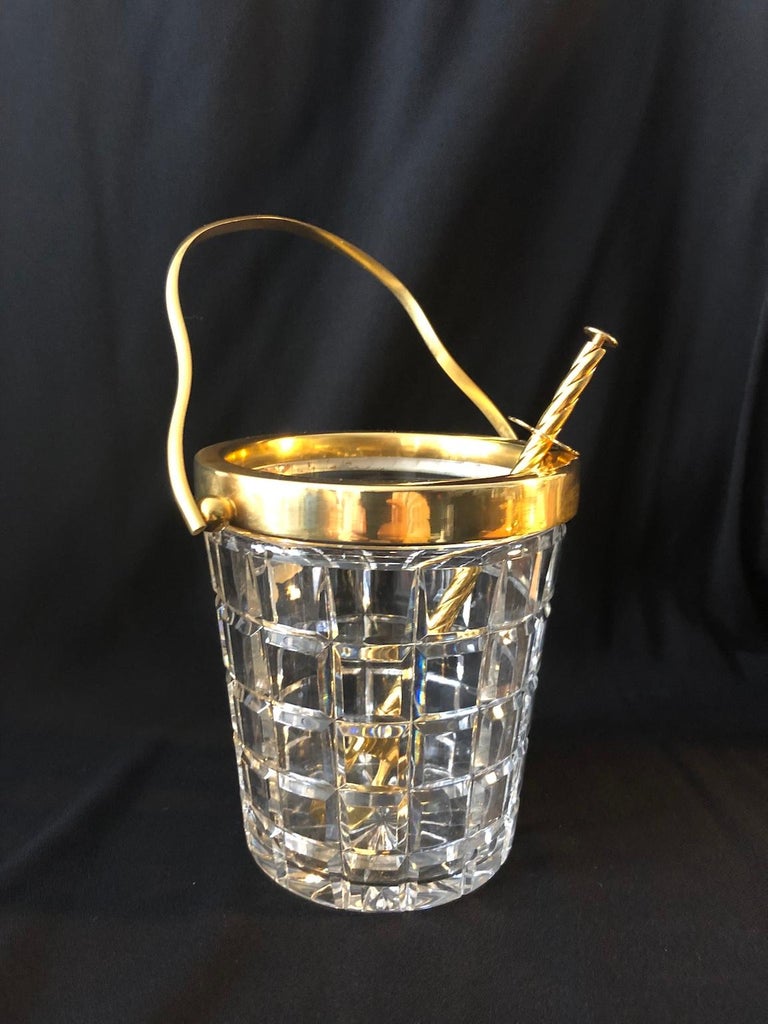 Val St Lambert Crystal and Gold-Plated Ice Bucket with Tongs, Belgium, 1950s In Good Condition For Sale In Richmond, Surrey