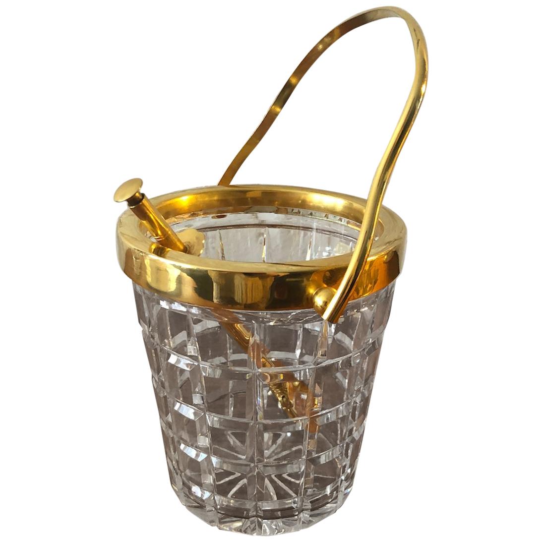 Val St Lambert Crystal and Gold-Plated Ice Bucket with Tongs, Belgium, 1950s