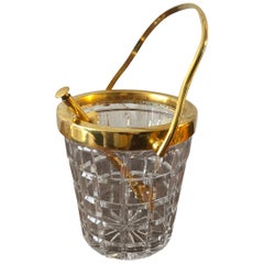 Val St Lambert Crystal and Gold-Plated Ice Bucket with Tongs, Belgium, 1950s