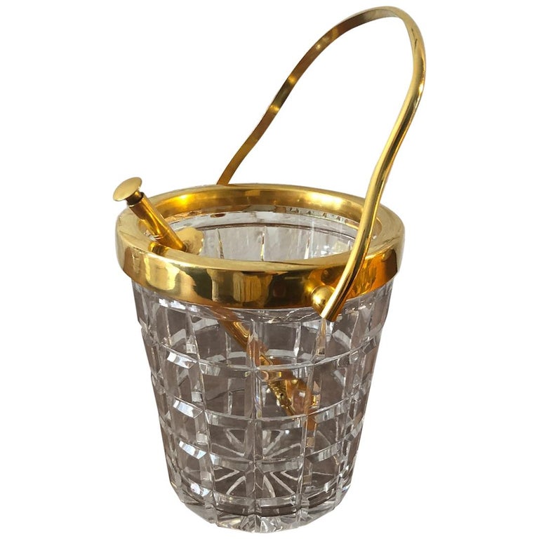 Val St Lambert Crystal and Gold-Plated Ice Bucket with Tongs, Belgium, 1950s For Sale