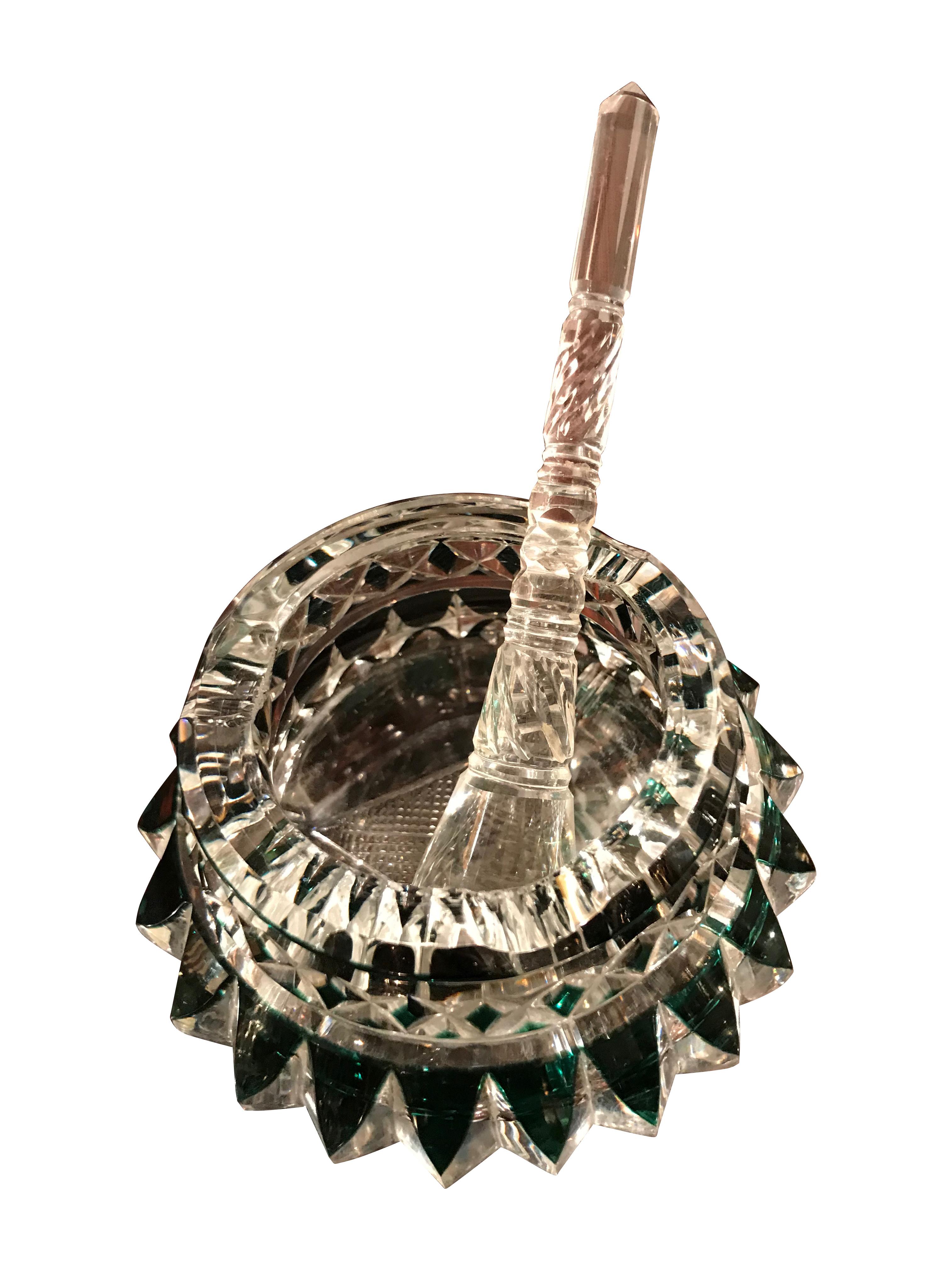 A stunning Val St Lambert cut crystal cigar ashtray with green glass highlights and cut crystal cigar stubber.

  
