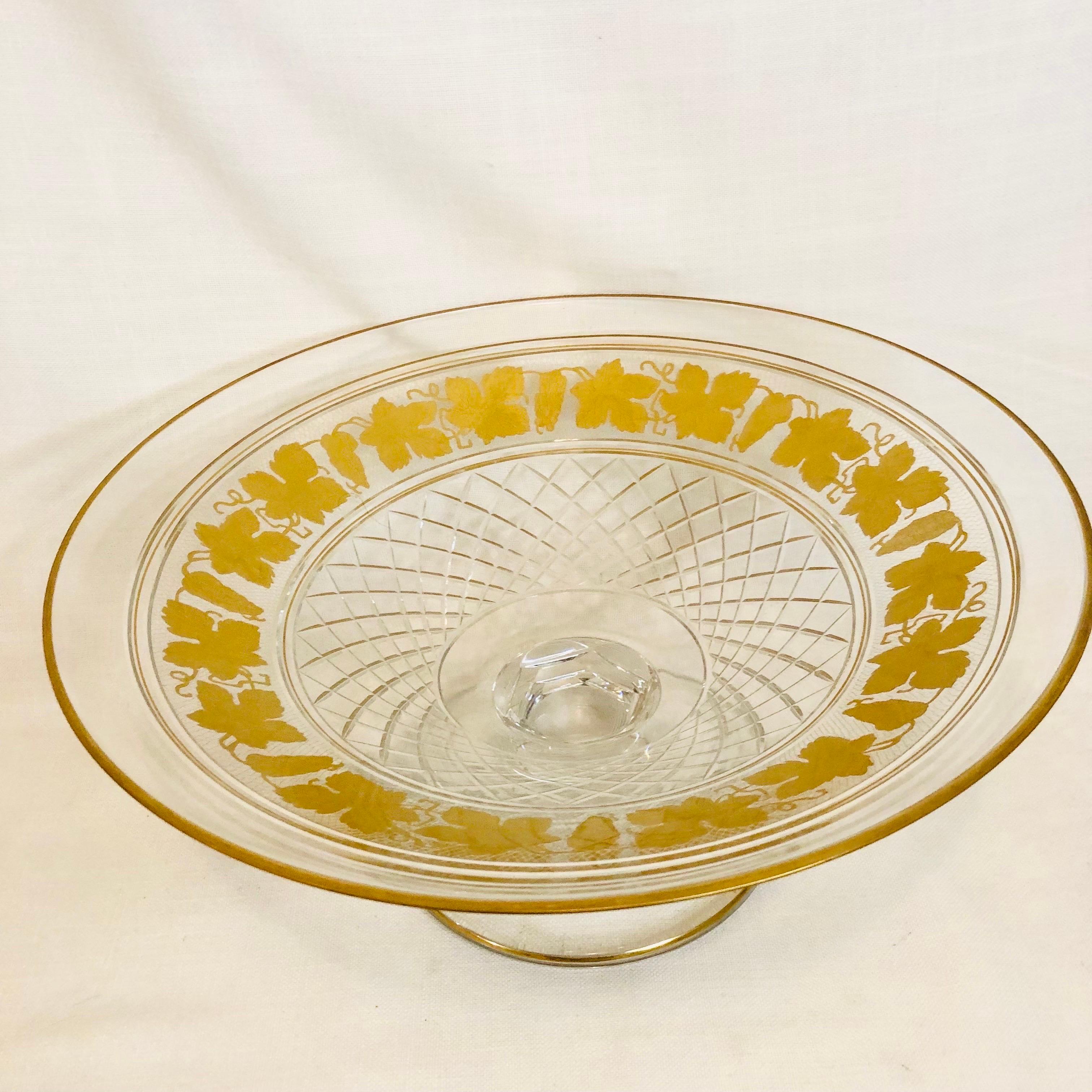 Val St Lambert Cut Crystal Large Bowl Decorated with Gilded Grapes and Leaves 3