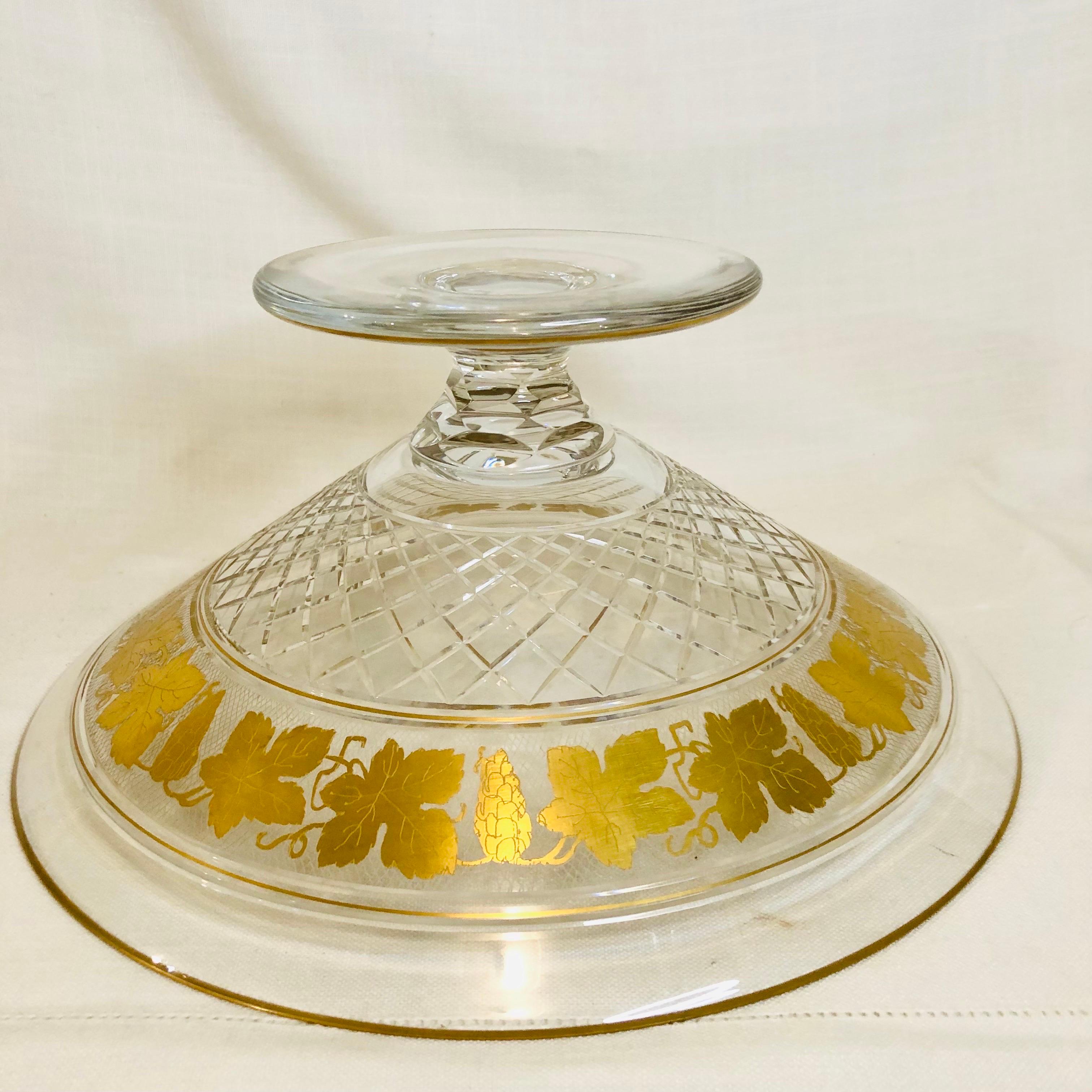 Val St Lambert Cut Crystal Large Bowl Decorated with Gilded Grapes and Leaves 4