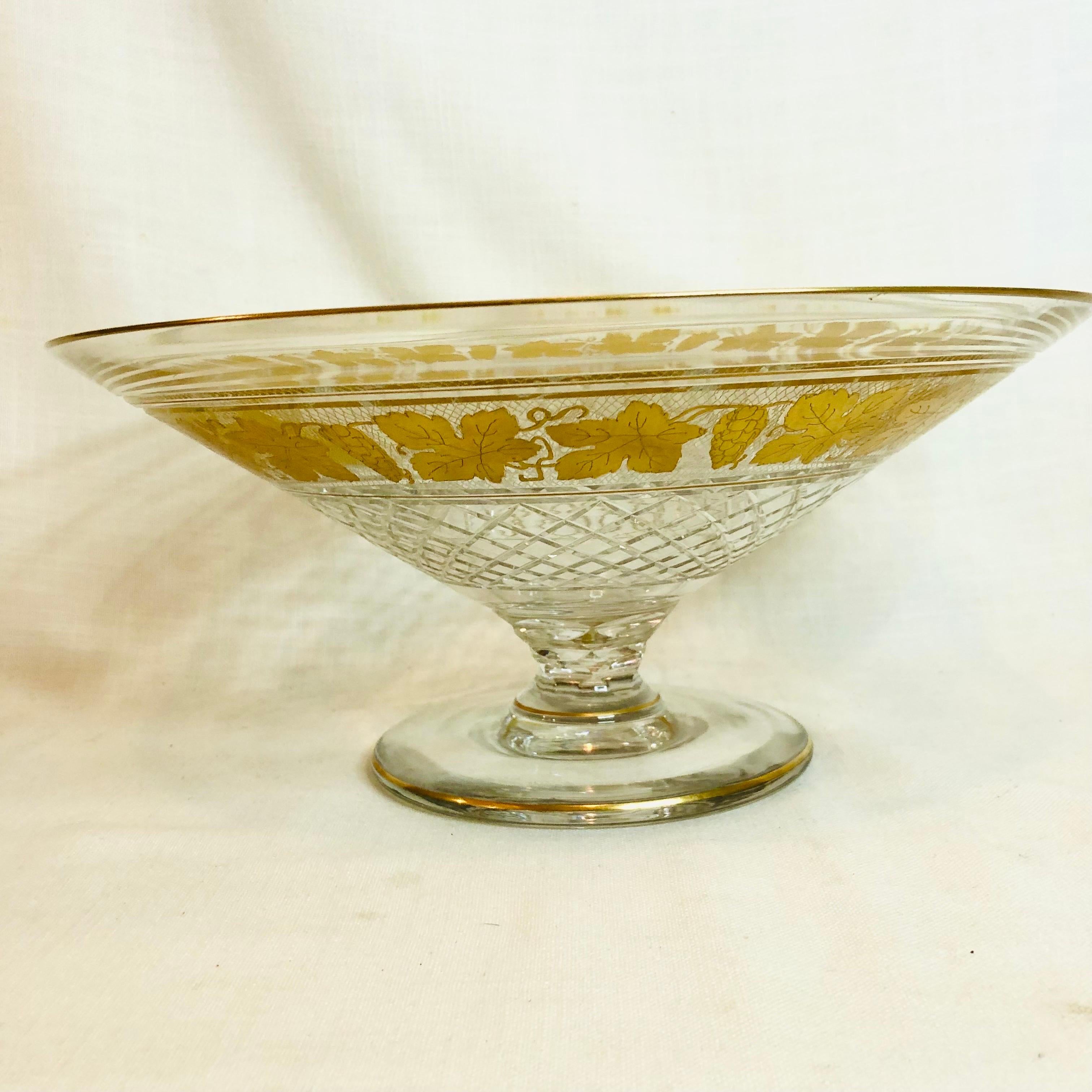 Val St Lambert Cut Crystal Large Bowl Decorated with Gilded Grapes and Leaves 7