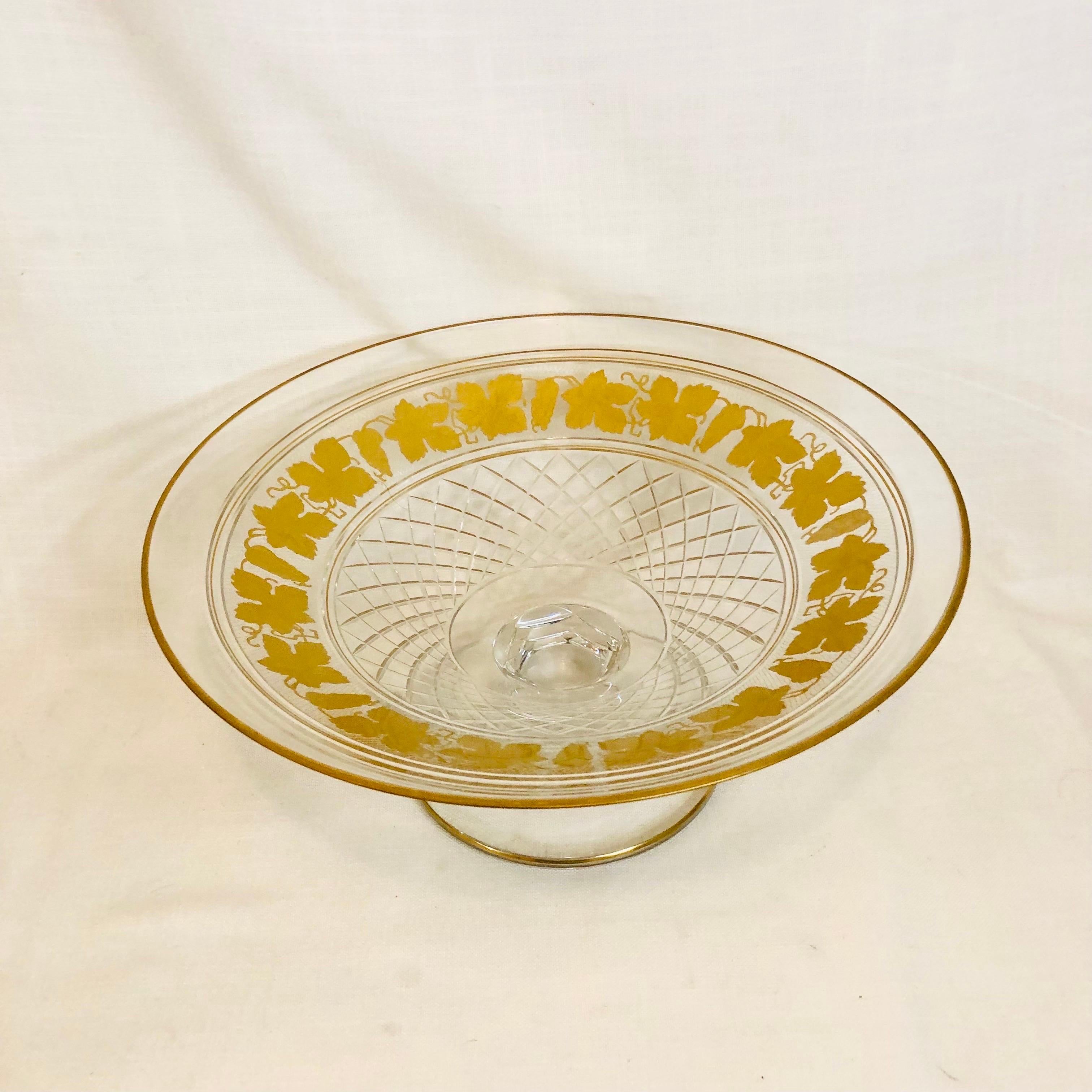 Rococo Val St Lambert Cut Crystal Large Bowl Decorated with Gilded Grapes and Leaves