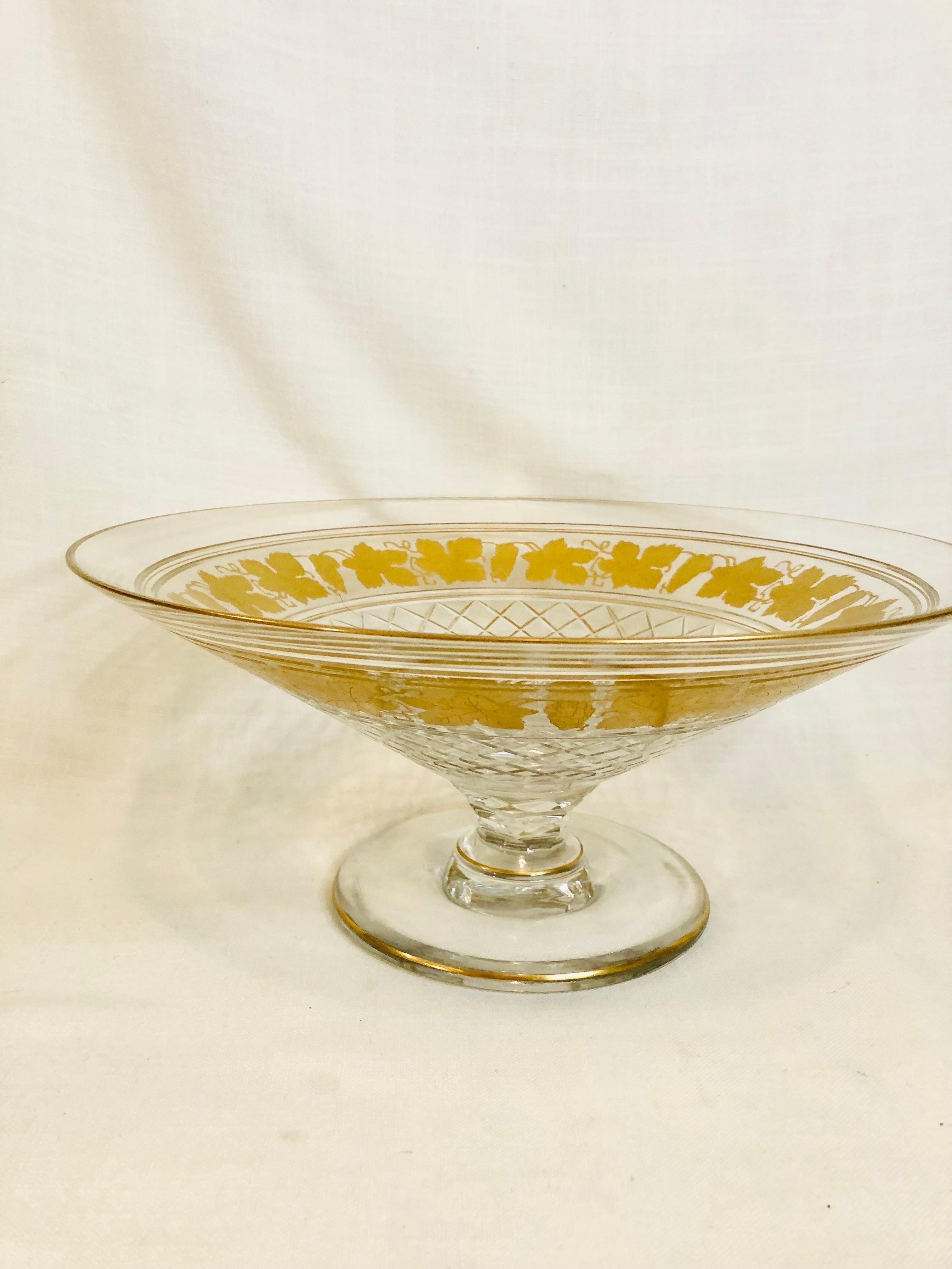 Belgian Val St Lambert Cut Crystal Large Bowl Decorated with Gilded Grapes and Leaves