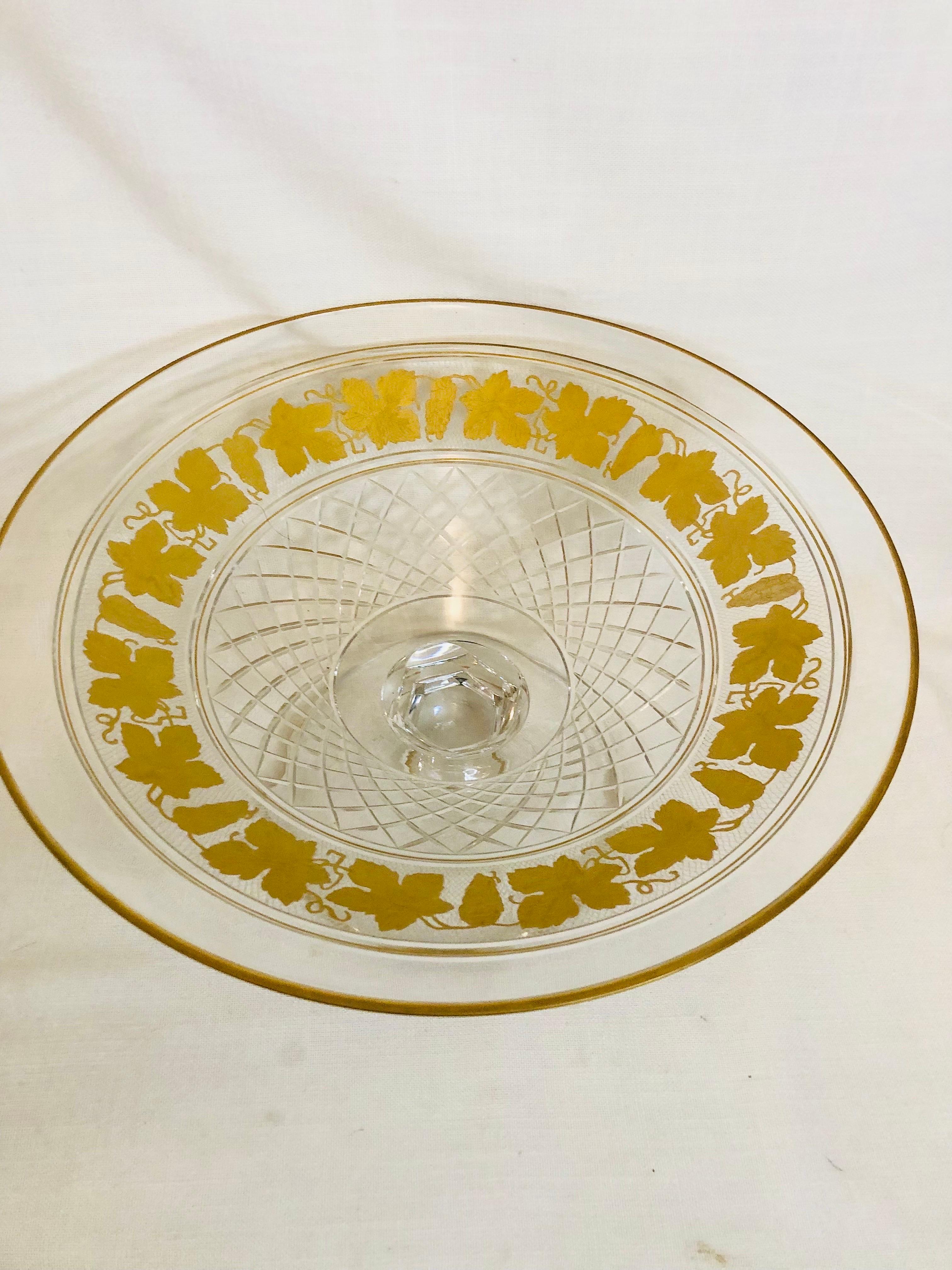 Gilt Val St Lambert Cut Crystal Large Bowl Decorated with Gilded Grapes and Leaves