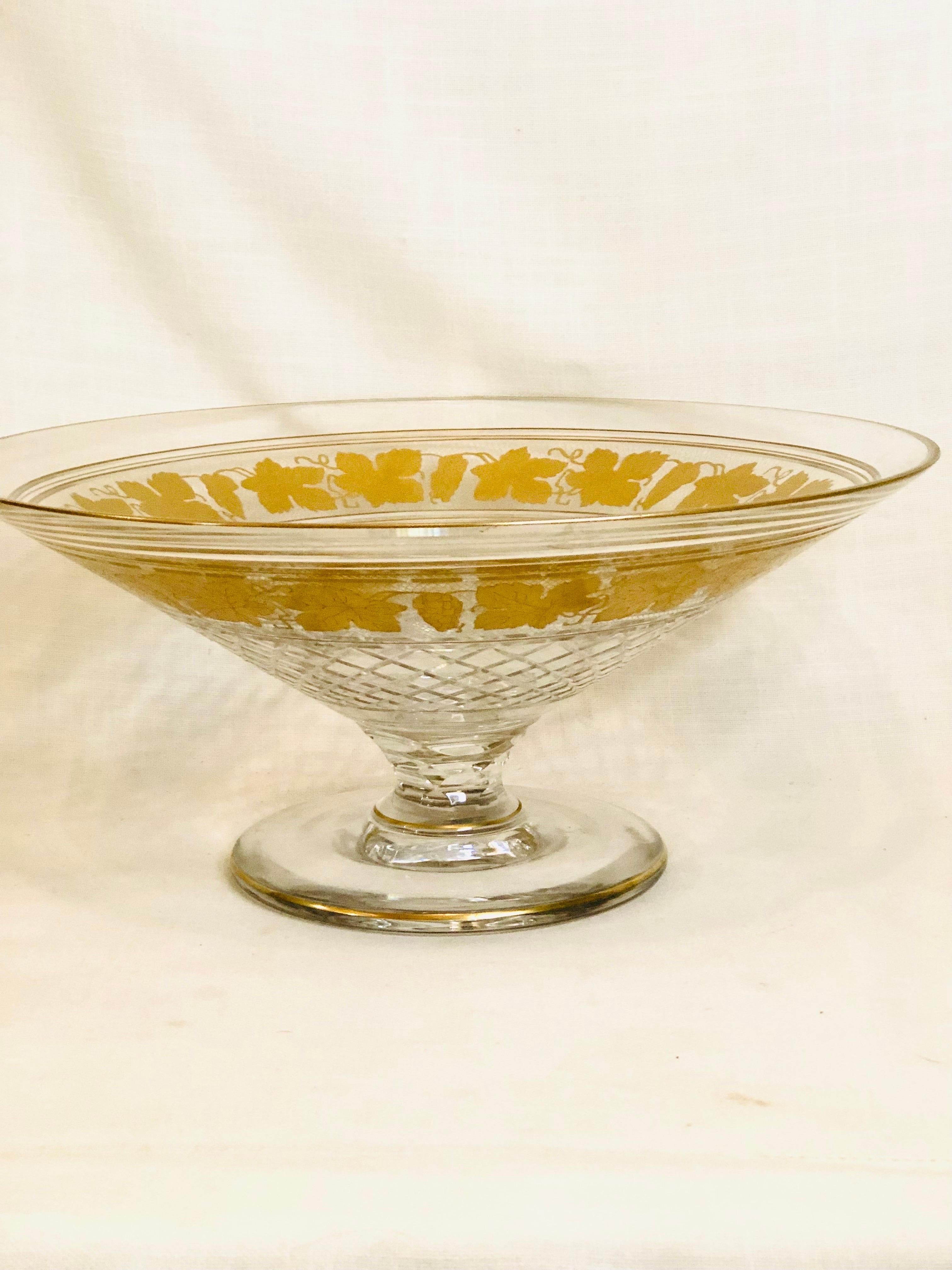 Mid-20th Century Val St Lambert Cut Crystal Large Bowl Decorated with Gilded Grapes and Leaves