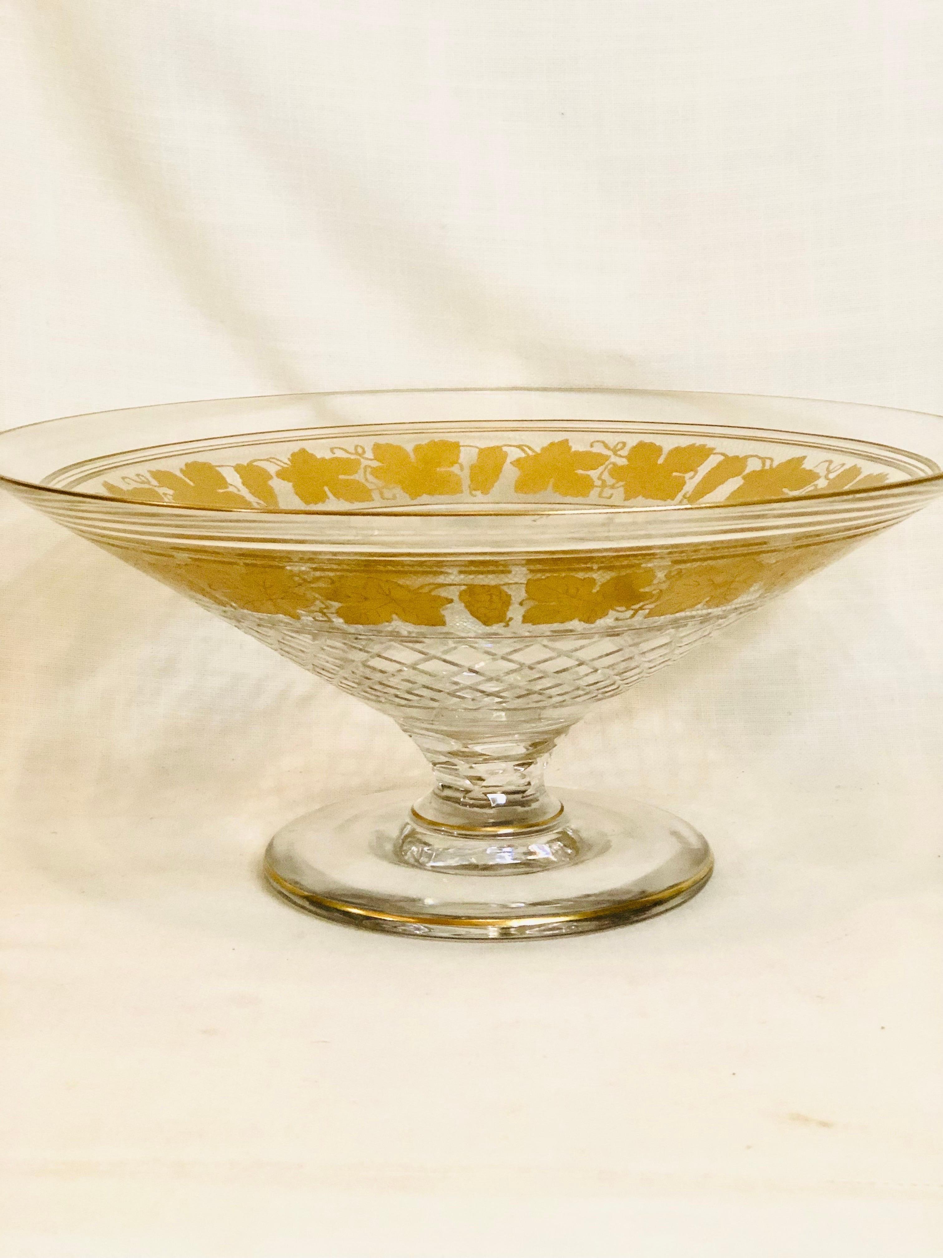 Val St Lambert Cut Crystal Large Bowl Decorated with Gilded Grapes and Leaves 1